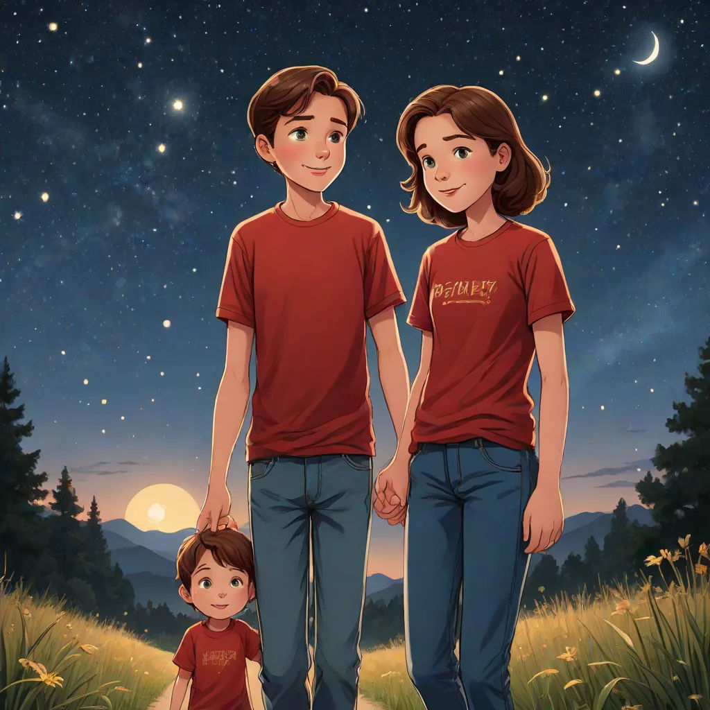 a couple of people standing next to each other on a field at night with the moon in the sky, Aaron Jasinski, space art, a storybook illustration, official art