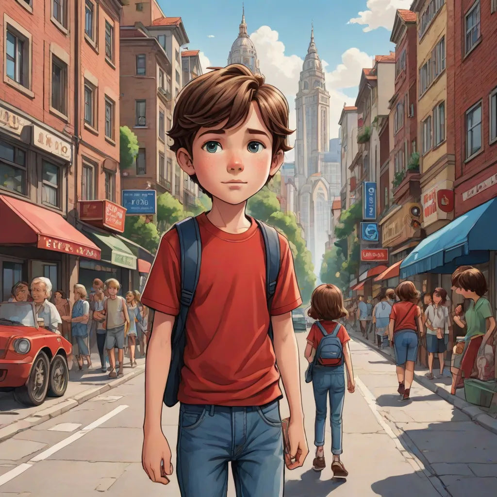 a boy in a red shirt and jeans walking down a street with a backpack on his back and a red car parked on the side of the road, Aaron Jasinski, photorealism, a storybook illustration, rossdraws global illumination