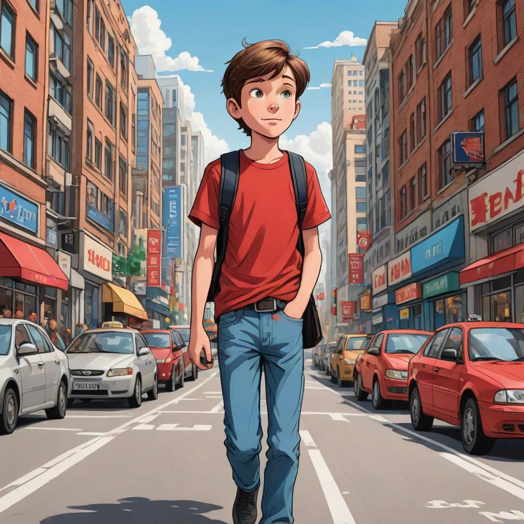 a man walking down a street in a city with cars and buildings behind him and a red car parked on the side of the street, Aaron Jasinski, hyperrealism, a comic book panel, graphic novel