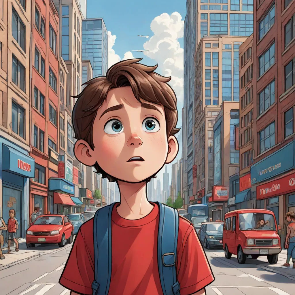 a boy with a backpack is standing in the middle of a city street looking up at the sky with a surprised look on his face, Asaf Hanuka, photorealism, a comic book panel, rossdraws global illumination