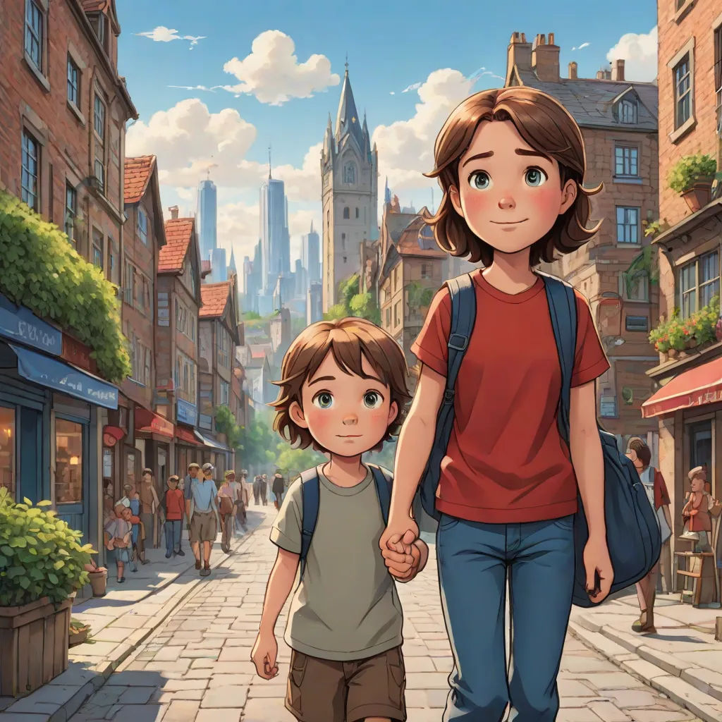 a woman and a boy walking down a street holding hands and looking at the camera with a city in the background, Brothers Hildebrandt, paris school, a storybook illustration, official art