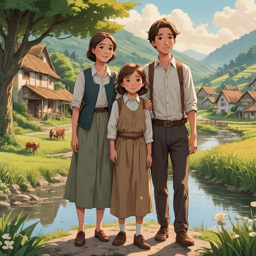 a painting of a family standing in front of a river and a village with cows in the background and a man and woman standing next to the child, Anne Said, american scene painting, a storybook illustration, official art