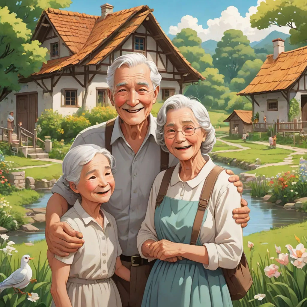a painting of an elderly couple and two children standing in front of a house with a pond and a bird, Brothers Hildebrandt, american scene painting, a storybook illustration, official art