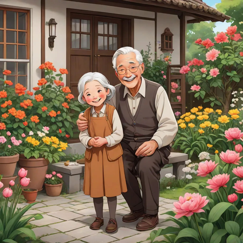a man and a little girl standing in front of a house with flowers in the yard and a man in a suit, Anne Said, naive art, a storybook illustration, official art
