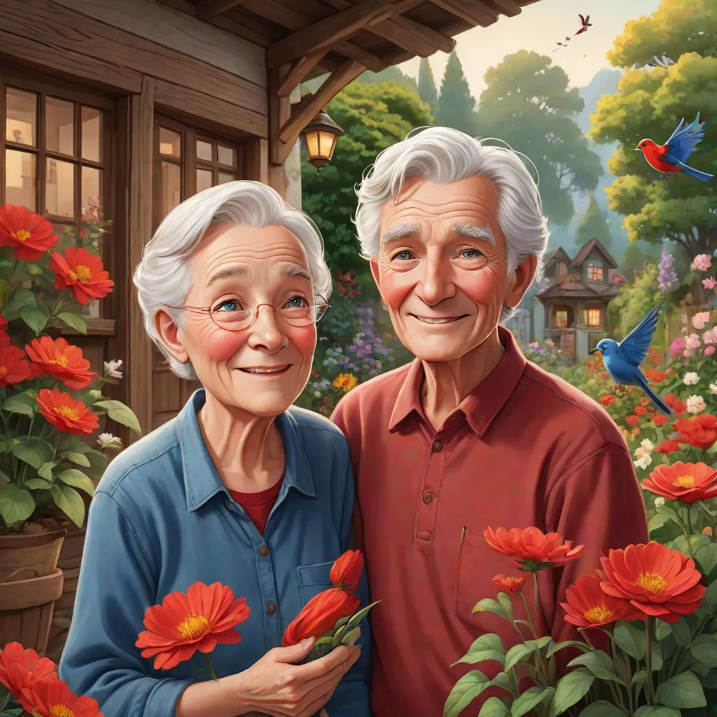 a painting of an elderly couple in a garden with flowers and a bird flying overhead by a house with a bird on it, Chris LaBrooy, american scene painting, a storybook illustration, official art