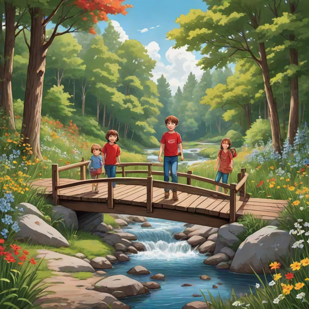 a painting of a family crossing a bridge over a stream in a forest with flowers and trees on either side, Daphne McClure, american scene painting, a storybook illustration, storybook illustration