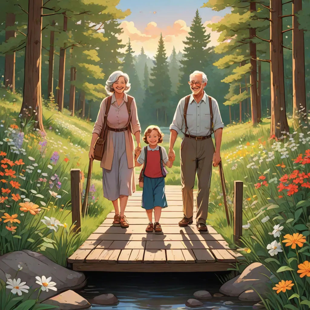 a painting of a family walking across a bridge over a river in a forest with flowers and trees on either side, Aaron Jasinski, american scene painting, a storybook illustration, official art