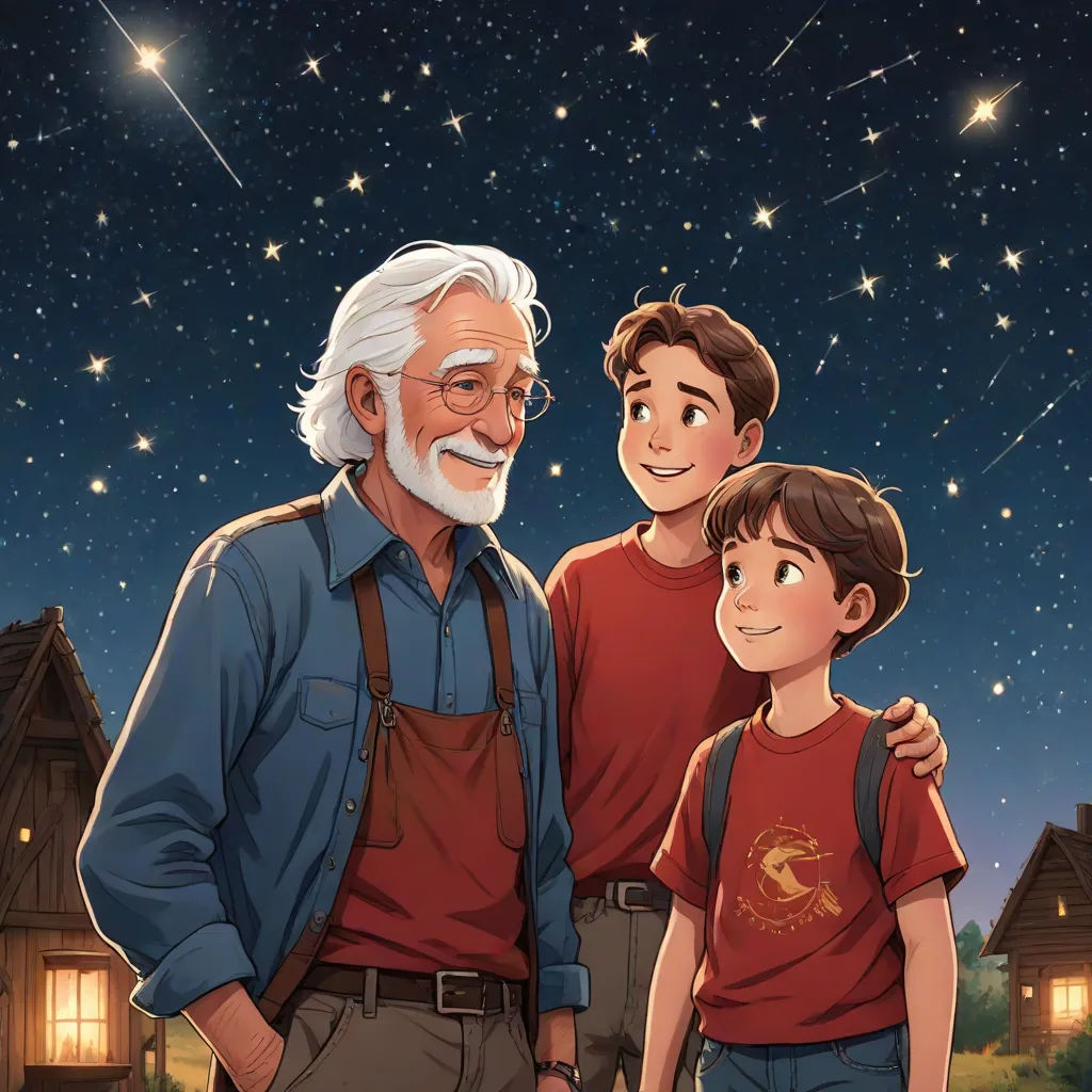 a man and two boys standing in front of a house with stars in the sky above them and a man with a beard and a beard, Drew Struzan, space art, a storybook illustration, fireflies