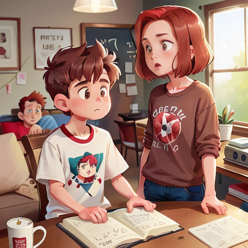 a boy and a girl are standing in front of a book and a coffee mug on a table in a room with other children