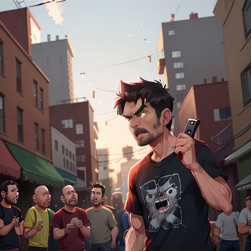 a man holding a cell phone in a crowded city street with people walking around him and buildings in the background