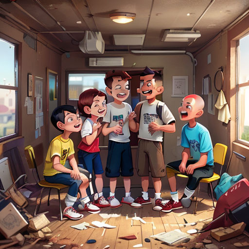 a group of kids standing in a room with a lot of debris on the floor and a laptop on the floor