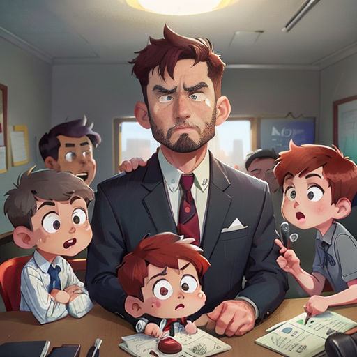 a man in a suit surrounded by children in a classroom with a phone in his hand and a man in a suit with a beard