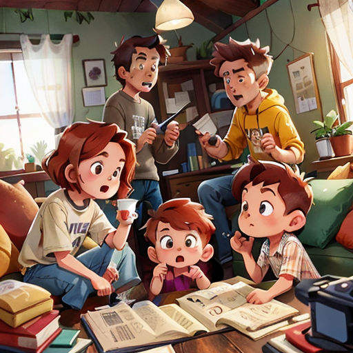a group of people sitting around a table with books and a laptop computer on it, with a boy holding a cup