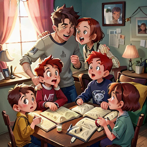 a man standing over a group of children at a table with an open book in front of them and a man standing over the table