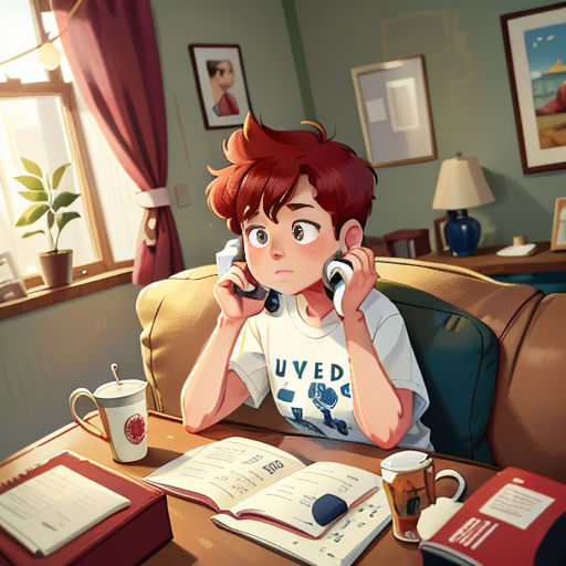 a boy sitting at a table with a book and a phone to his ear, and a book to his ear, and a cup of coffee and a book on his lap