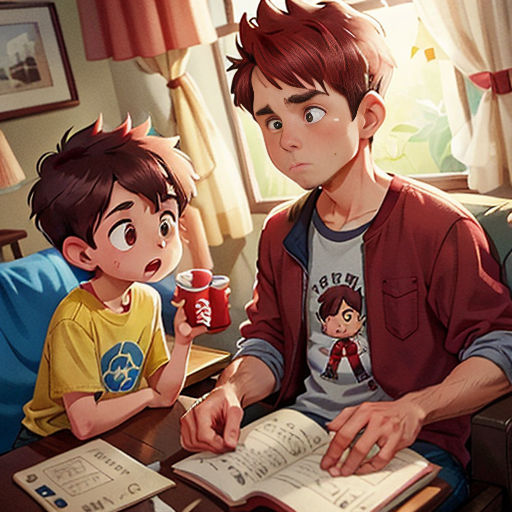 a boy and a boy sitting at a table with a book and a drink in front of them, and a boy holding a book