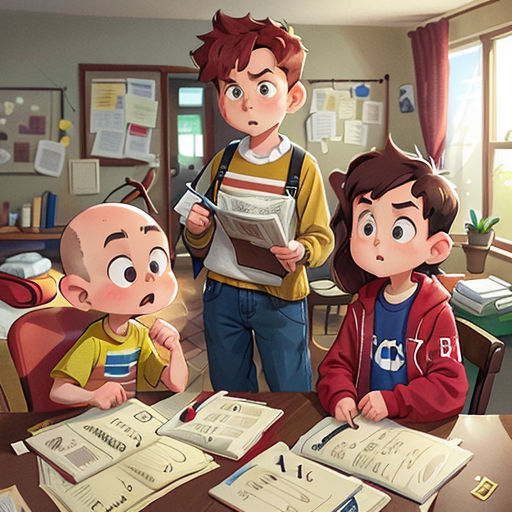 a group of children sitting at a table with books and papers in front of them, with a boy reading a book