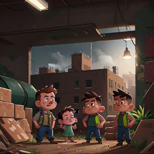 a group of people standing in a room with a building in the background and a green plant in the foreground