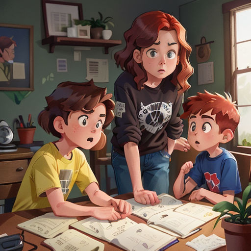 a woman and two children are looking at a book on a table in a room with a window and a plant