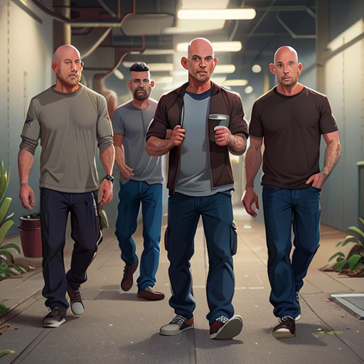 a group of men walking down a hallway together in front of a planter filled hallway with a plant