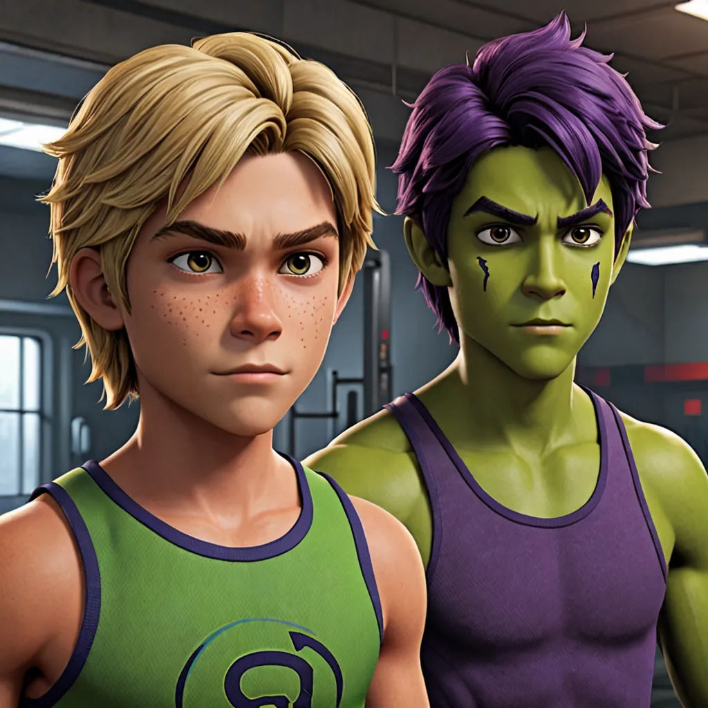 a couple of people that are standing up in a room with a green and purple shirt on and one has a purple shirt on, sots art, concept art, Anson Maddocks, ultra realistic faces