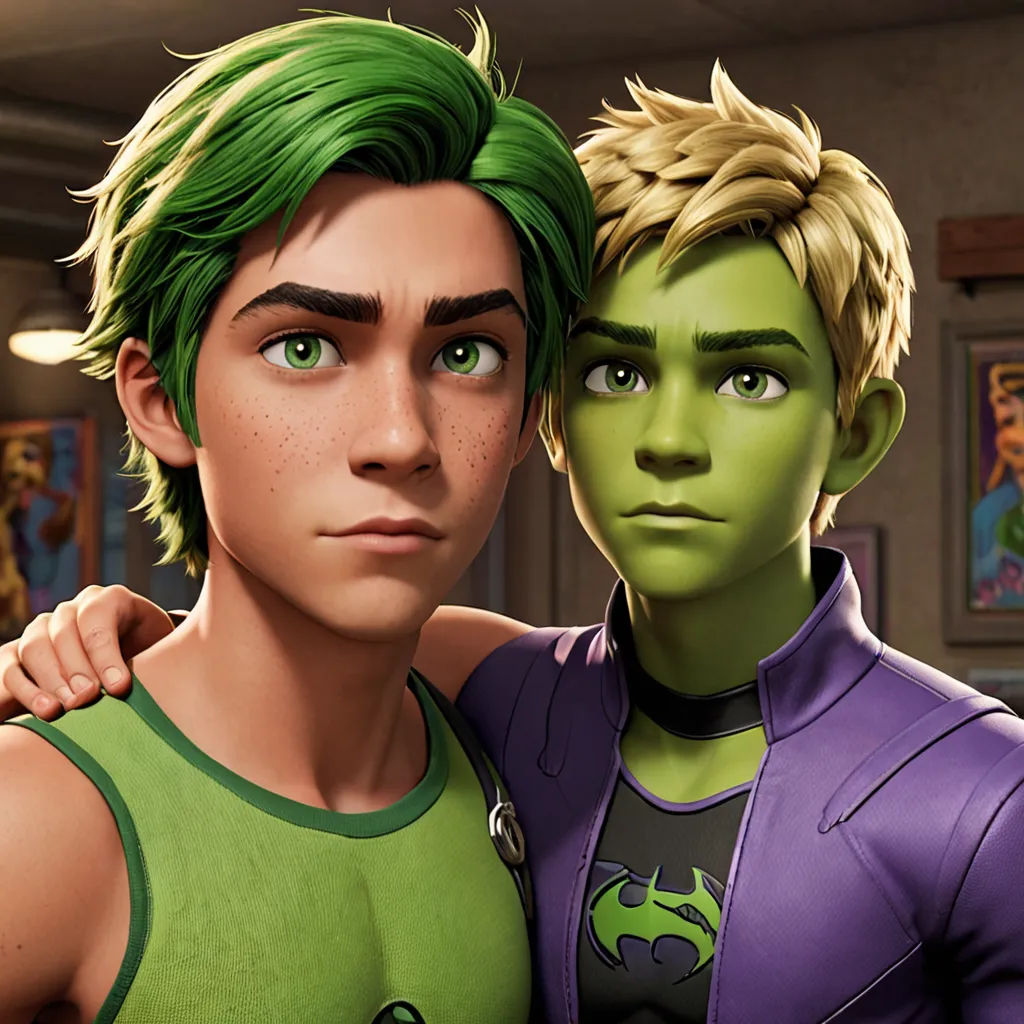 a couple of people that are standing together in a room with paintings on the wall behind them and a green shirt on, antipodeans, concept art, Felix-Kelly, official art