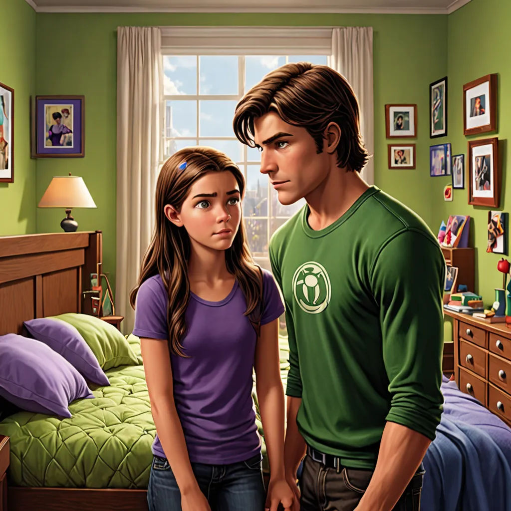 a man and a woman standing in a bedroom next to a bed and a window with pictures on the walls, american scene painting, a storybook illustration, Anne Stokes, official art