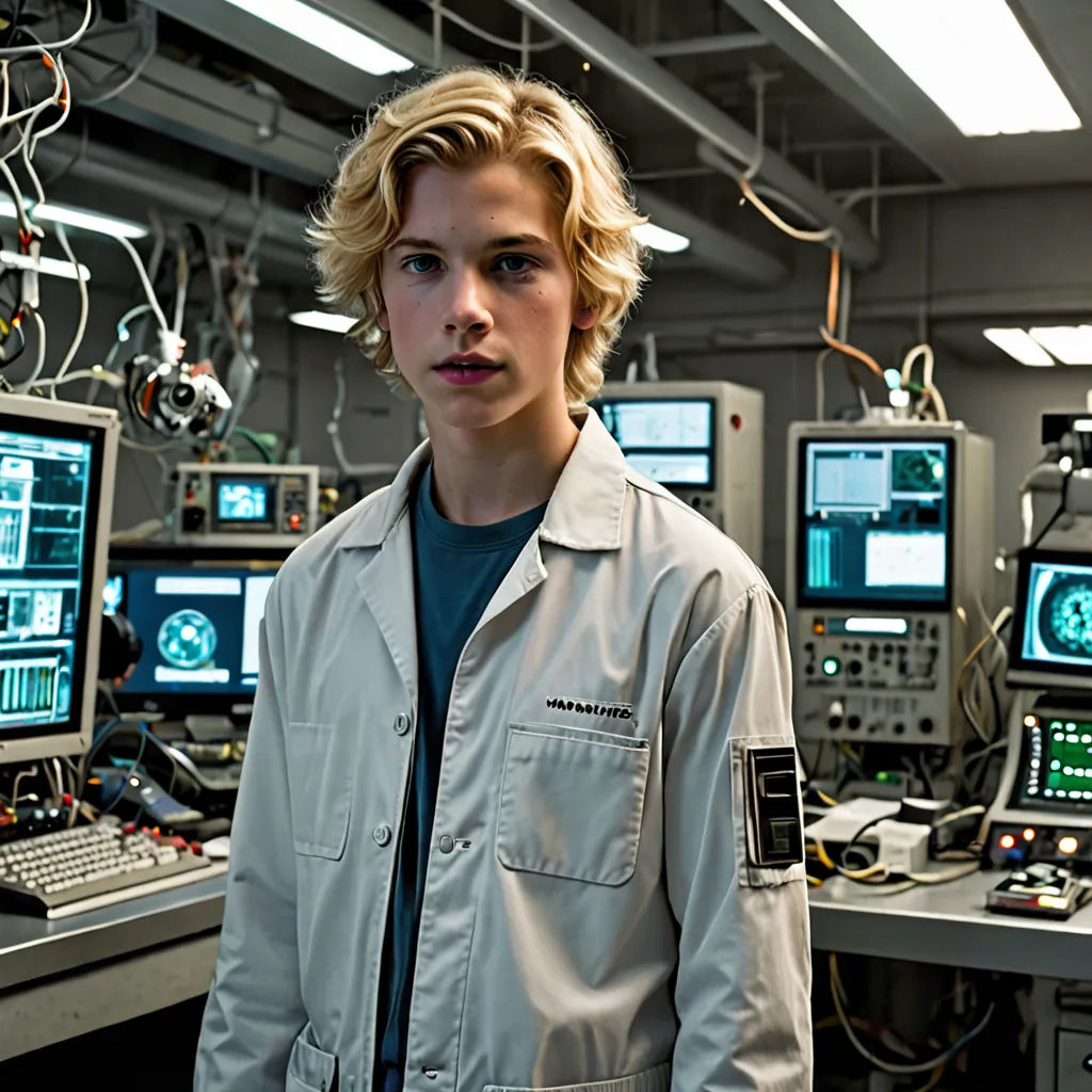a man standing in front of a bunch of monitors in a room with wires hanging from the ceiling and wires hanging from the ceiling, holography, a hologram, Andor Basch, biopunk