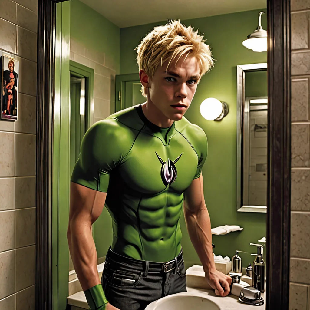 a man in a green shirt standing in front of a bathroom mirror with his hands on his hips and looking at himself in the mirror, antipodeans, a hyperrealistic painting, Anthony Palumbo, hyper real