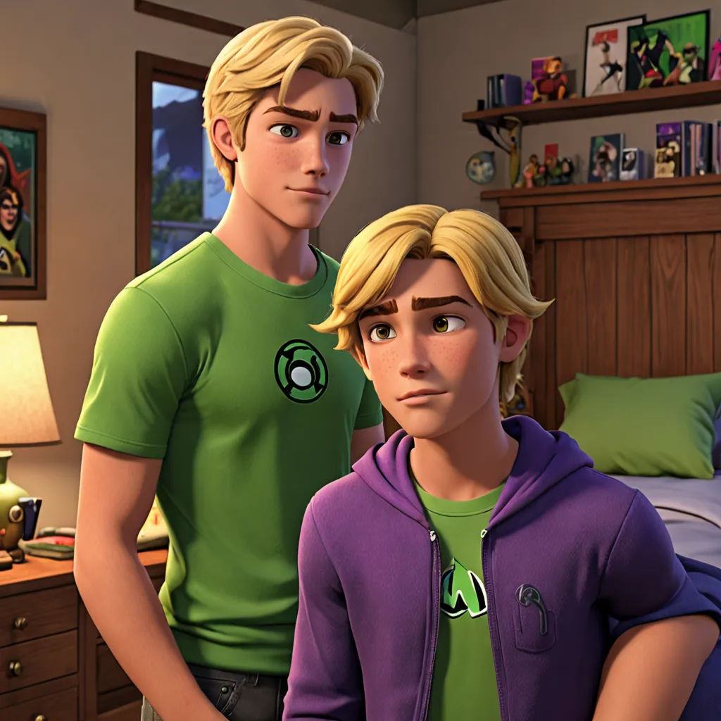 a couple of people standing in a room next to a bed and a lamp on a table with a lamp on, antipodeans, a comic book panel, Arent Arentsz, official art
