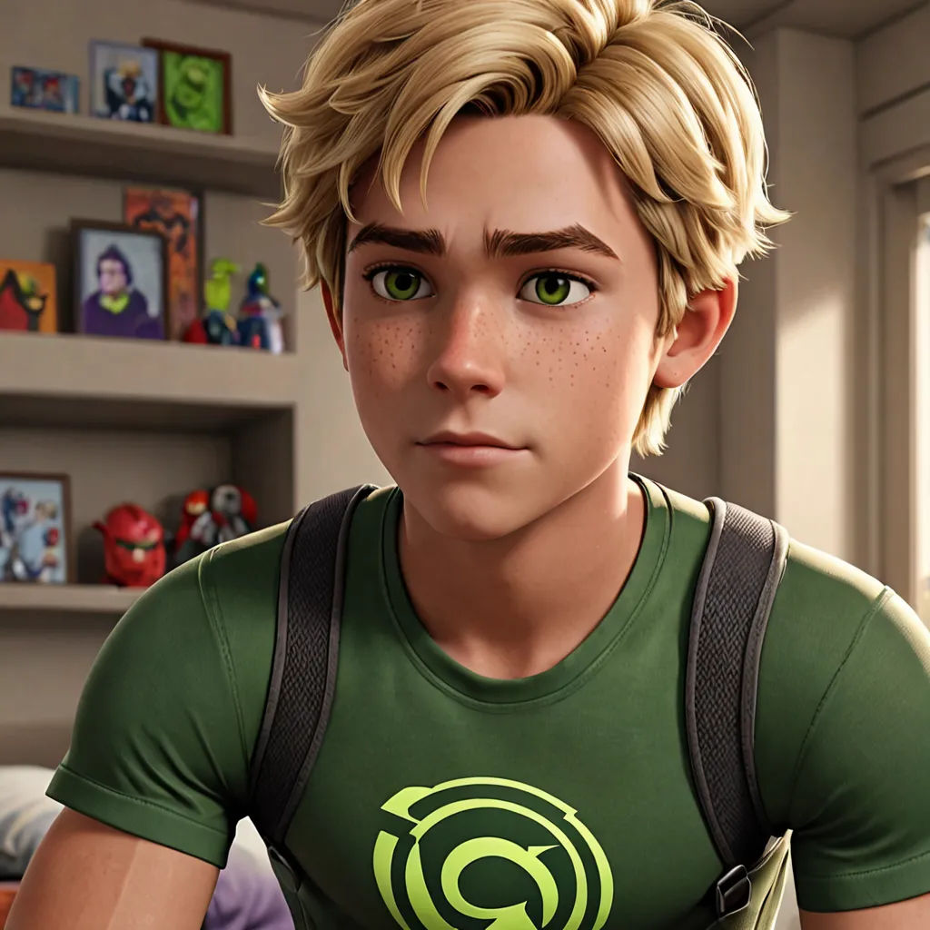 a young man with a green shirt and a backpack on his shoulder looking at the camera with a serious look on his face, antipodeans, computer graphics, Evan Charlton, rossdraws global illumination