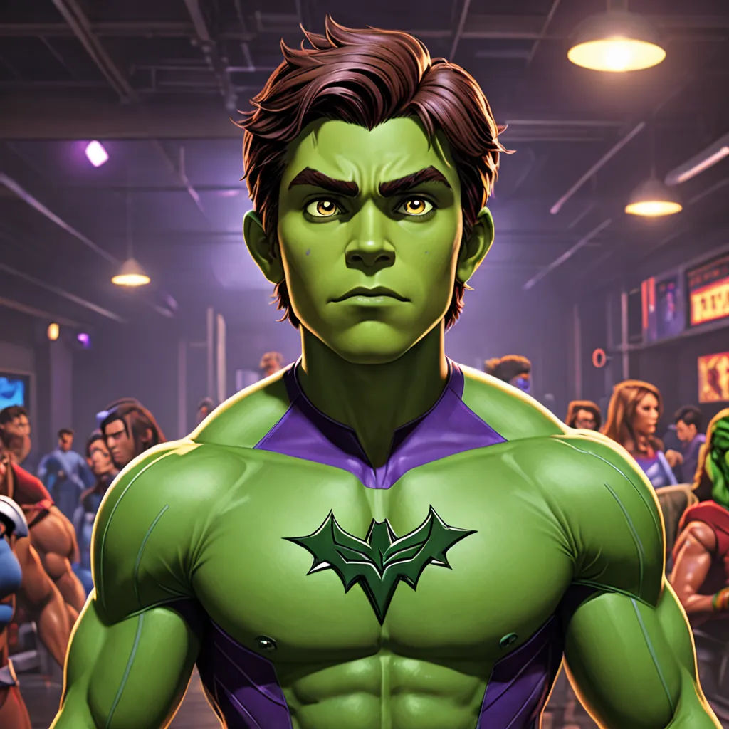 a man in a green suit with a bat on his chest and a group of people behind him in a dark room, fantastic realism, a comic book panel, Artgerm, official art