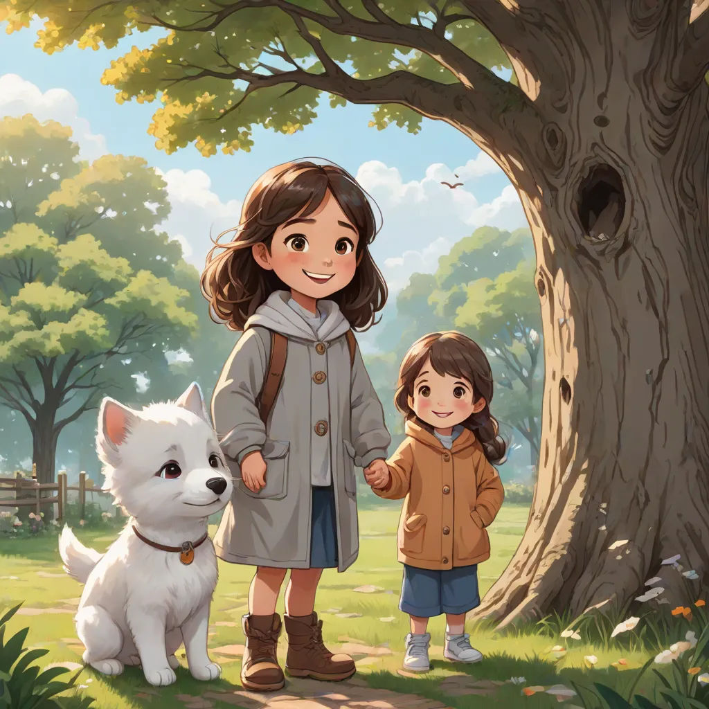 a little girl and a little girl standing next to a tree with a dog on a leash in front of it, american scene painting, a storybook illustration, Choi Buk, cushart krenz