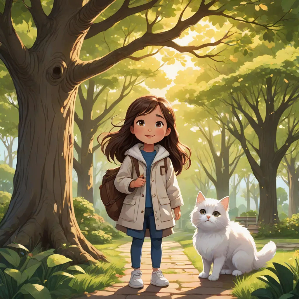a girl and a cat are standing in the woods near a tree and a path that leads to a bench, art & language, a storybook illustration, Chen Hong, official art