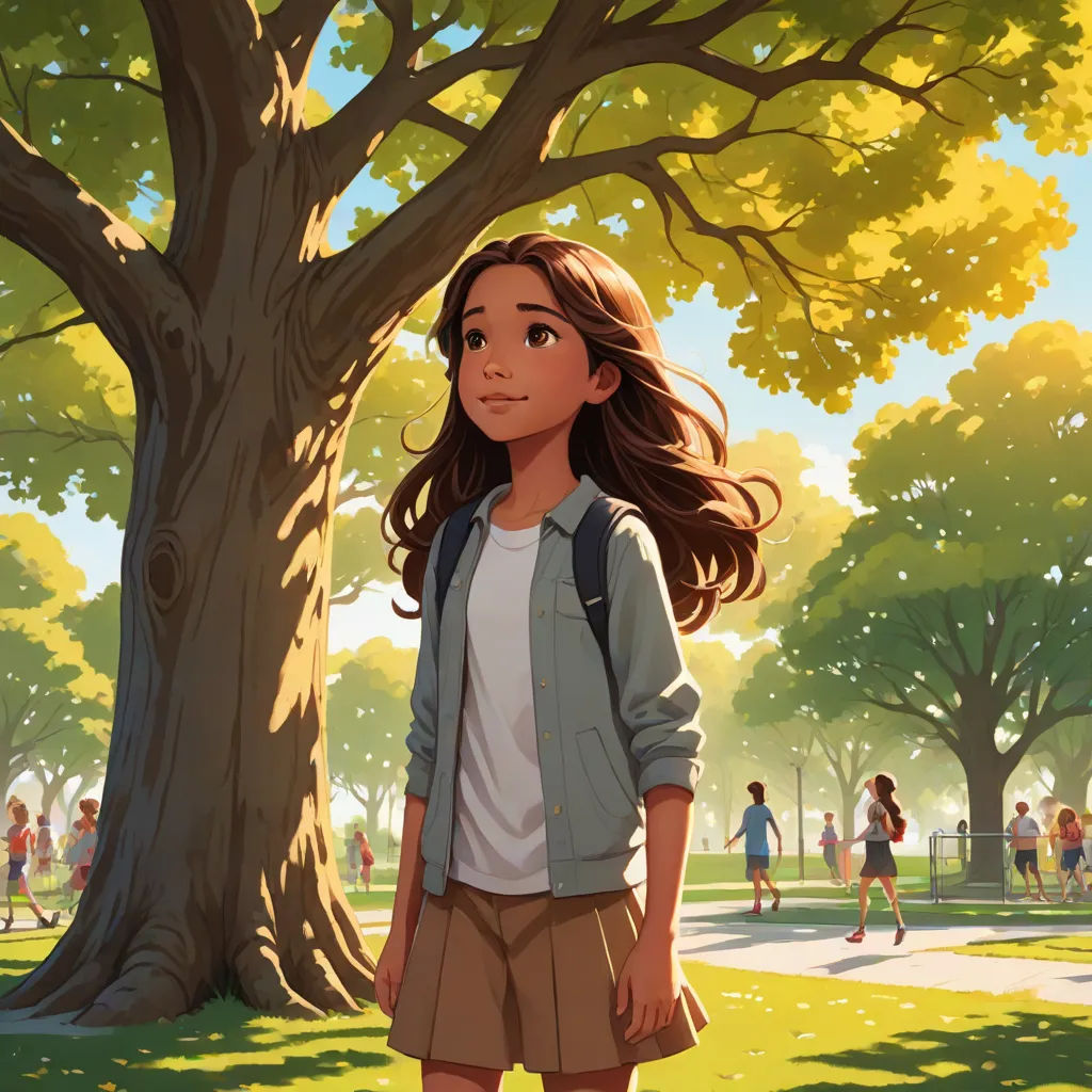 a girl standing in front of a tree in a park with people walking around it and a man walking behind her, american scene painting, a storybook illustration, Cliff Childs, rossdraws global illumination