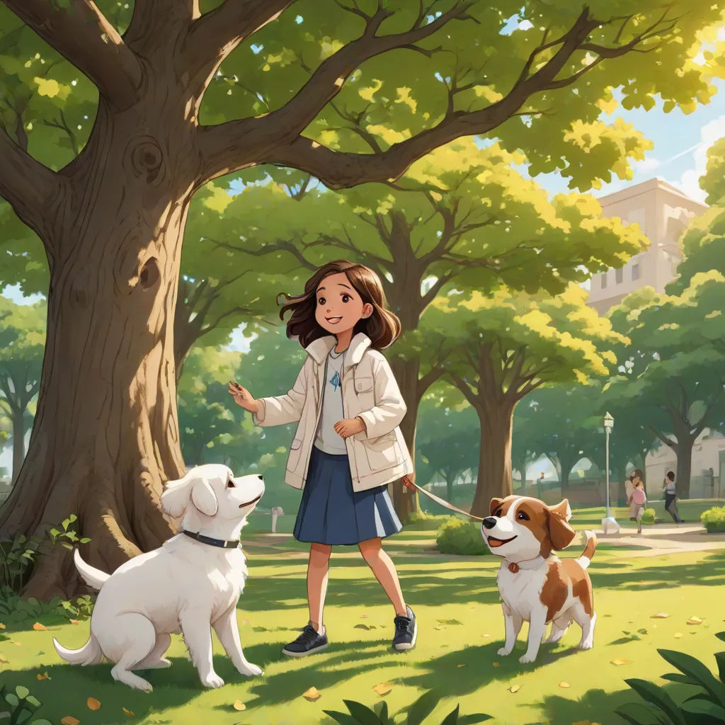a girl is walking two dogs in a park with a tree in the background and a building in the background, american scene painting, a storybook illustration, disney, official art