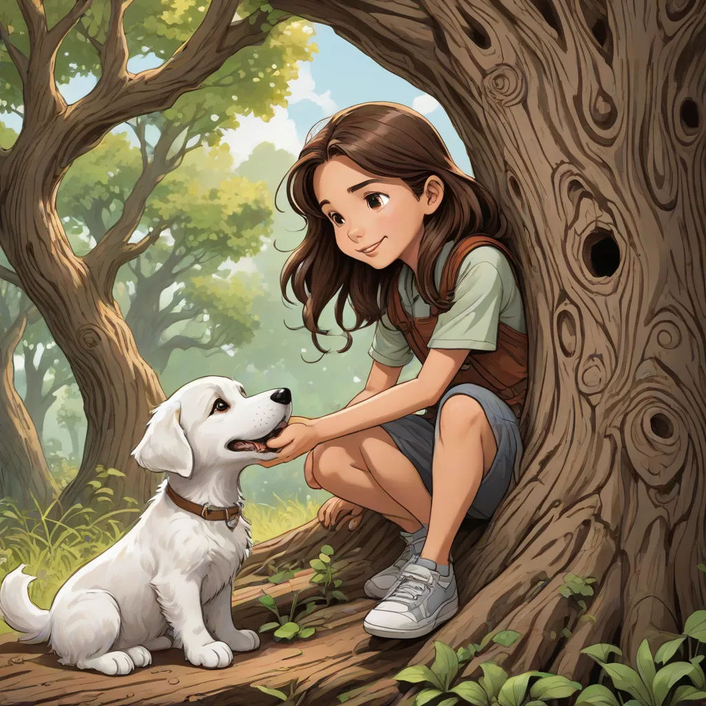 a girl sitting on a tree with a dog in front of her and a tree with a dog in the background, magical realism, a storybook illustration, Cliff Childs, storybook illustration