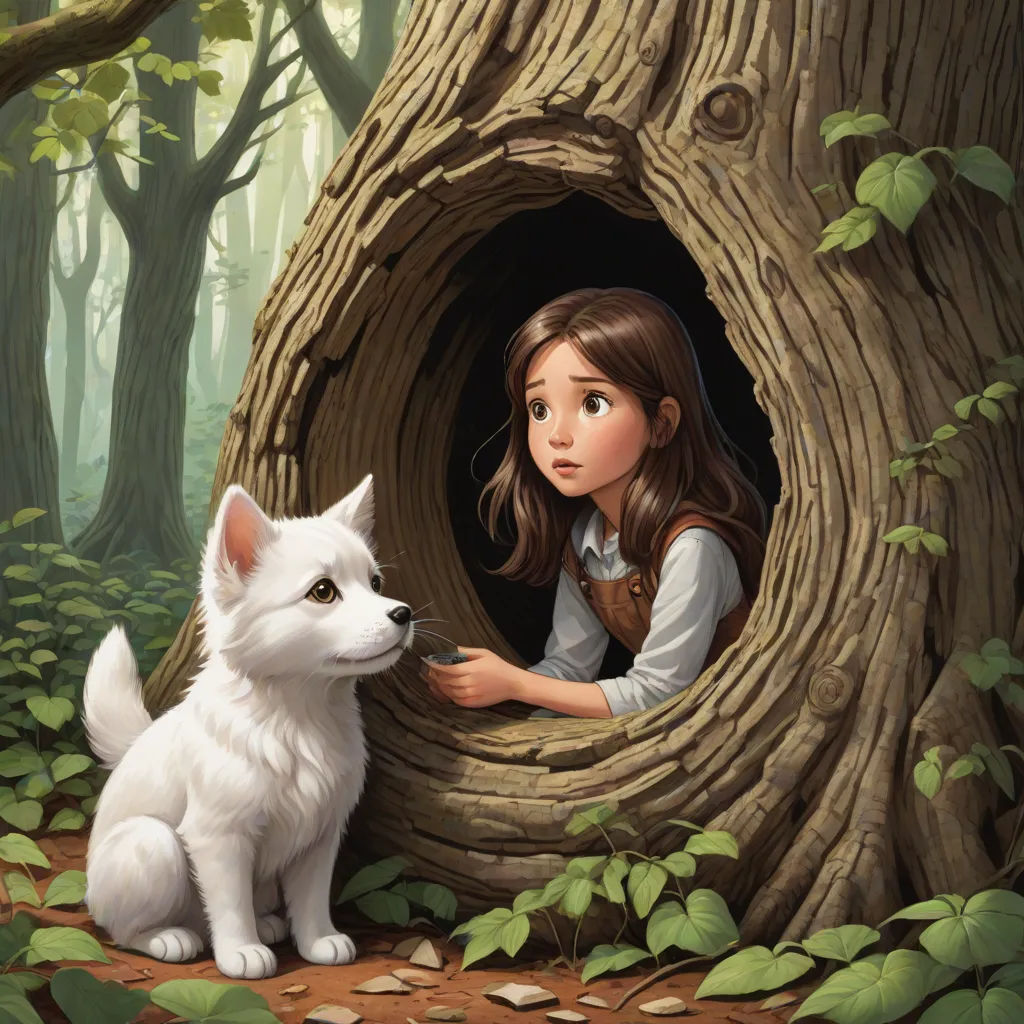 a girl and a white dog are in a hollow in a tree trunk in the woods with leaves on the ground, fantasy art, a storybook illustration, Aaron Jasinski, storybook illustration