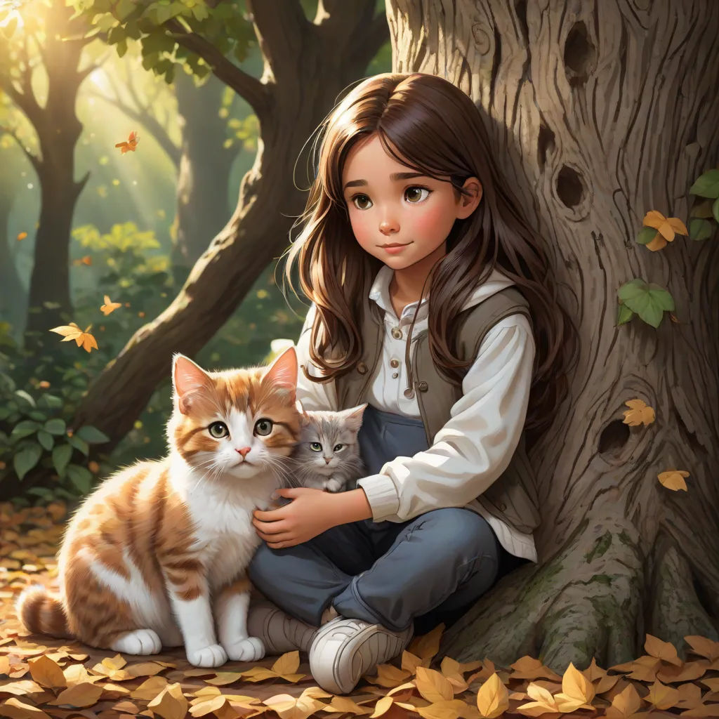a girl sitting on the ground with a cat in her lap next to a tree with leaves on it, fantasy art, a storybook illustration, Cyril Rolando, official art