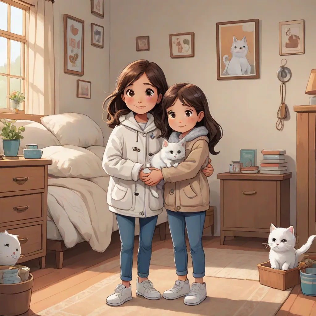 a couple of girls standing next to each other in a room with a cat and a cat bed on the floor, furry art, a storybook illustration, Chen Lin, official art