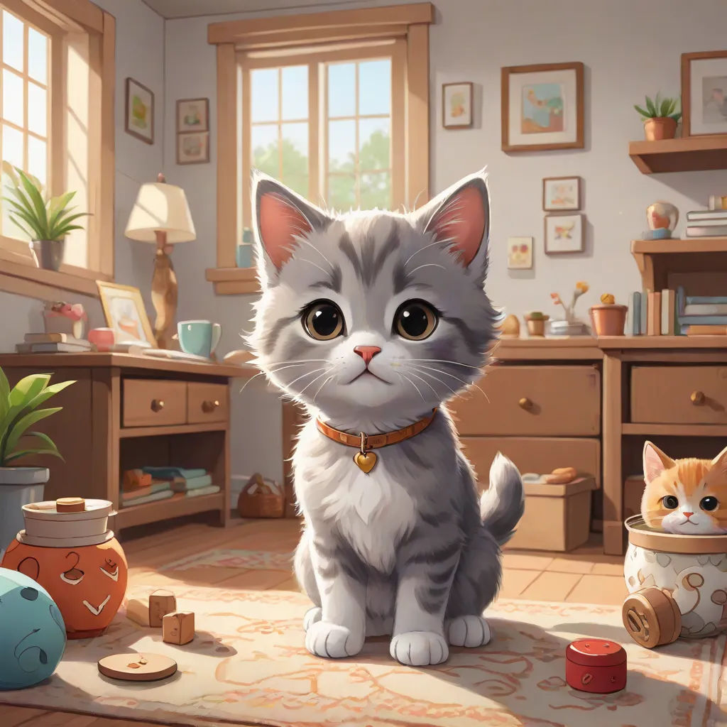 a cat sitting on a rug next to a potted plant and a cat toy in a room with a window, sots art, a detailed painting, Chen Hong, game art