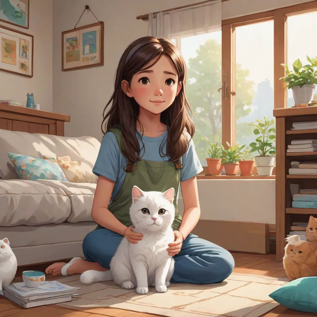 a girl sitting on the floor with a cat and other cats around her, and a cat sitting on the floor, furry art, a storybook illustration, Artgerm, rossdraws global illumination