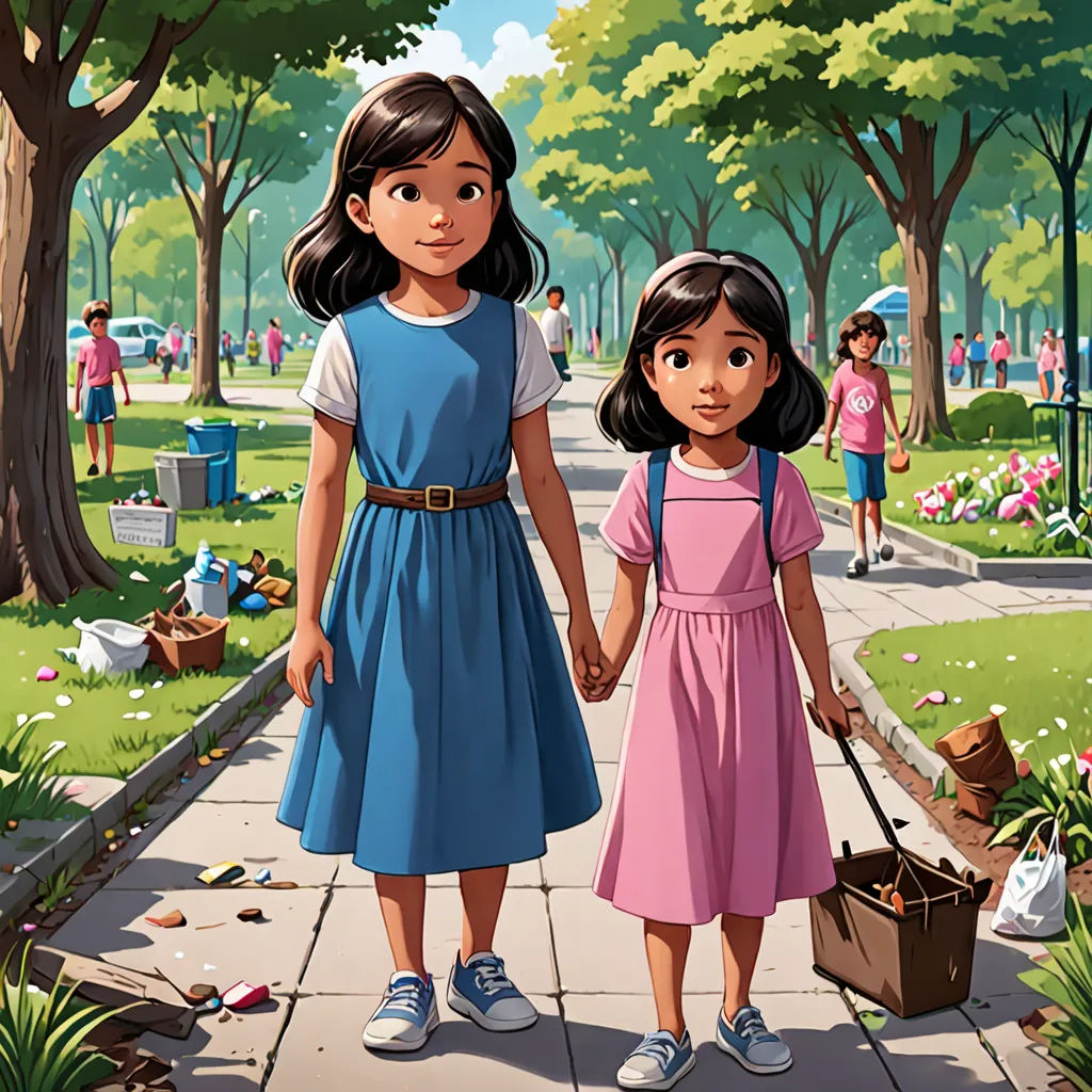 a couple of kids holding hands on a sidewalk in a park with people walking around and trees and flowers, american scene painting, a storybook illustration, Choi Buk, official art