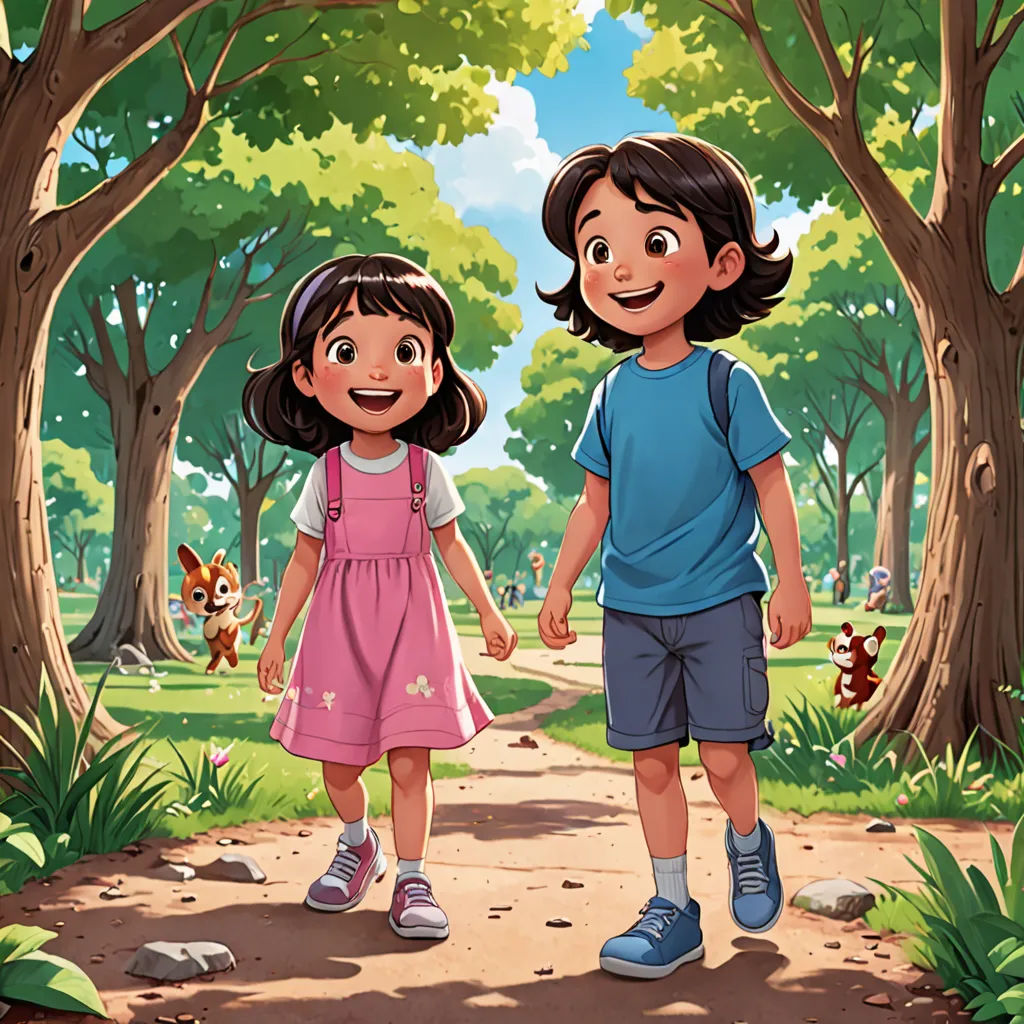 a couple of kids walking down a dirt road next to trees and grass on a sunny day with a forest in the background, lyco art, a storybook illustration, Diego Gisbert Llorens, promotional image