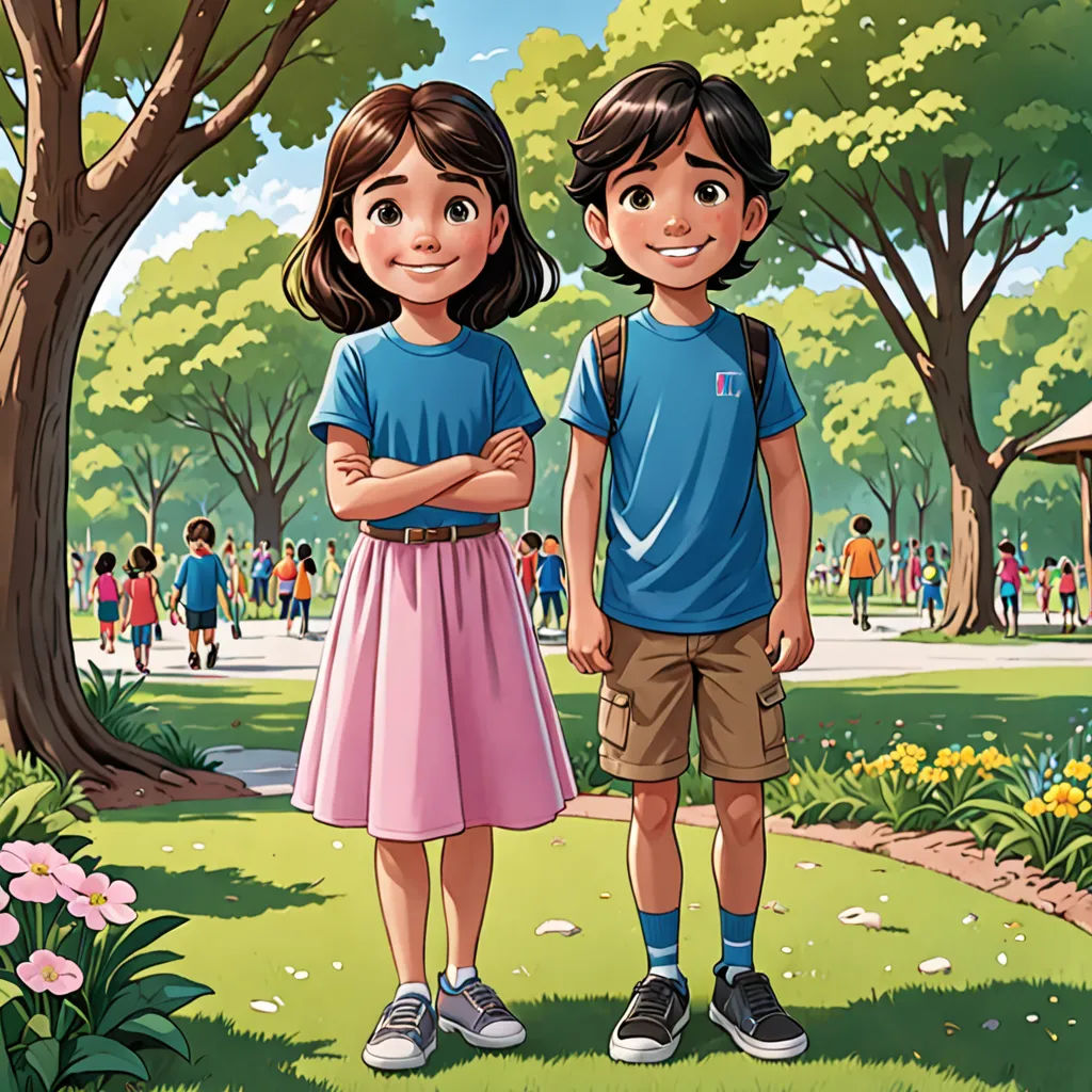 a couple of kids standing next to each other in a park with trees and flowers on the ground and people walking around, vancouver school, a storybook illustration, Felix-Kelly, official art
