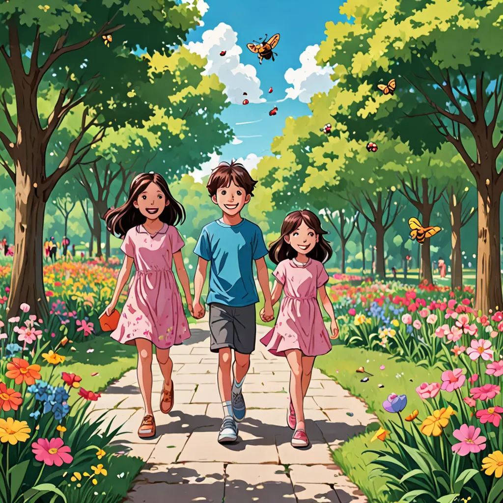 a couple of kids walking down a sidewalk next to a park filled with flowers and trees with butterflies flying overhead, lyco art, a storybook illustration, David Park, official art