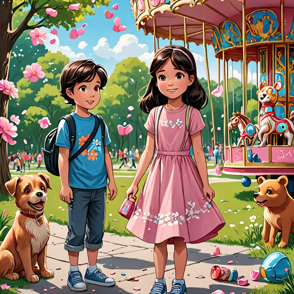 a boy and a girl standing next to a dog on a park path with a carousel in the background, lyco art, a storybook illustration, Diego Gisbert Llorens, promotional image