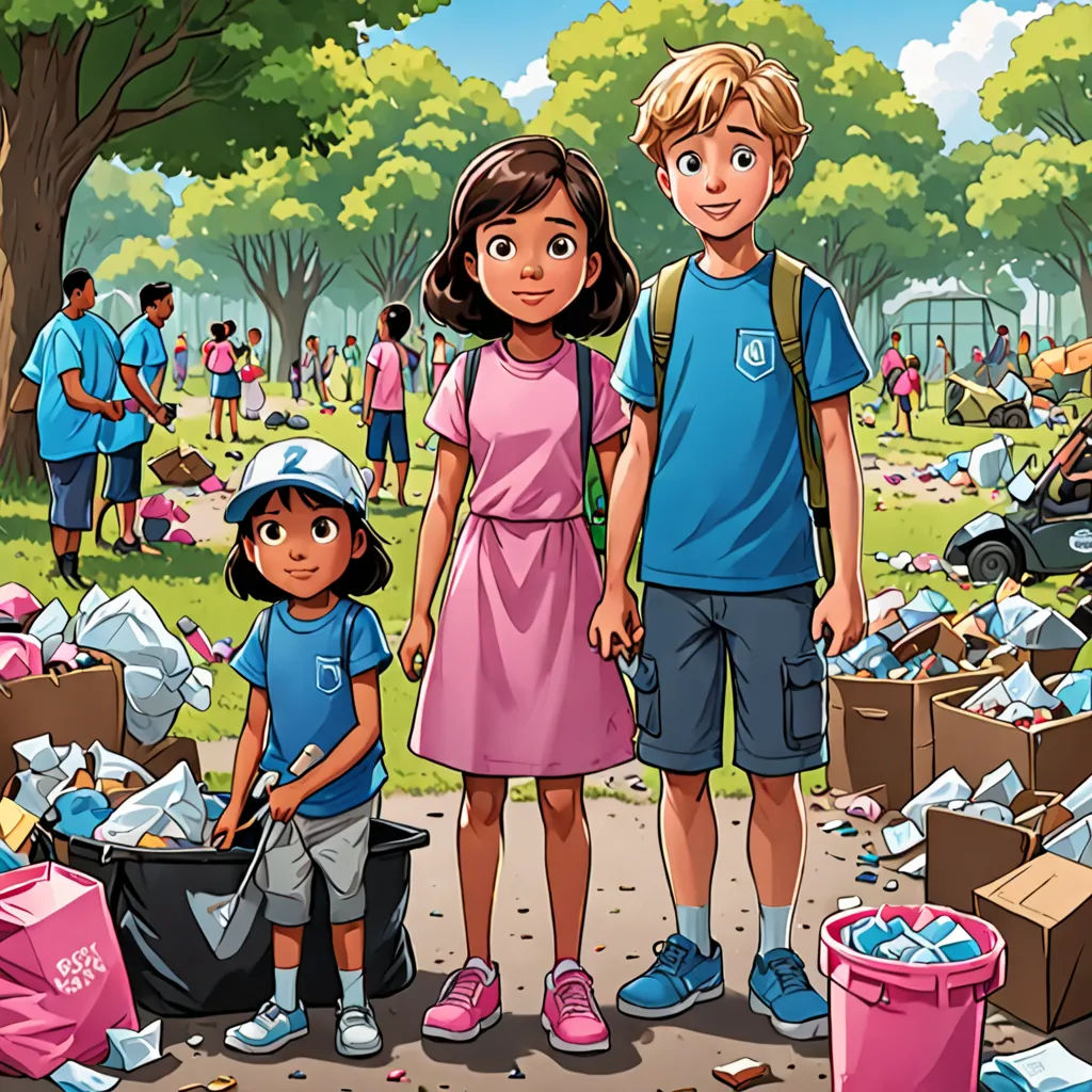 a cartoon of a couple of kids standing next to a pile of trash in a park with a man and a woman, environmental art, a storybook illustration, Chris LaBrooy, comic cover art