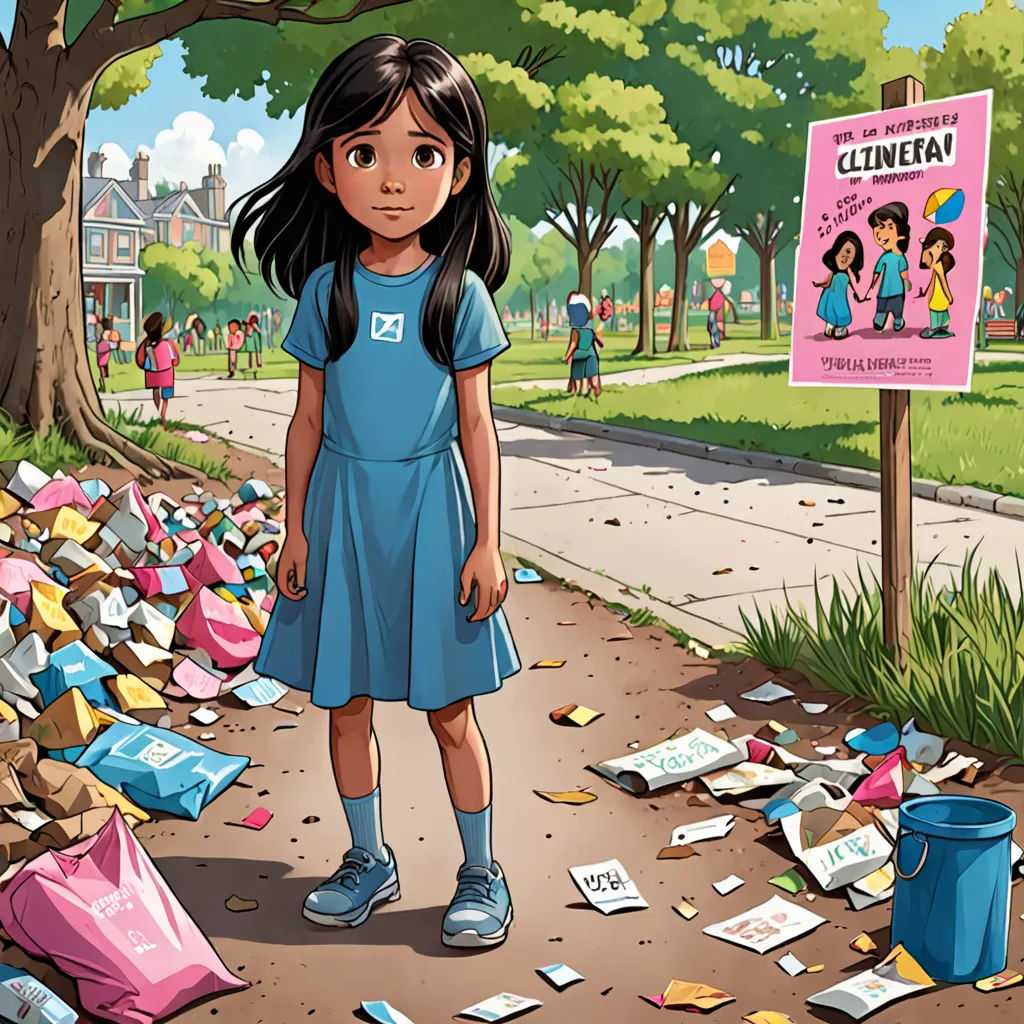 a girl standing in the middle of a street littered with books and papers and a sign that says clutter, environmental art, a storybook illustration, Ada Gladys Killins, promotional image