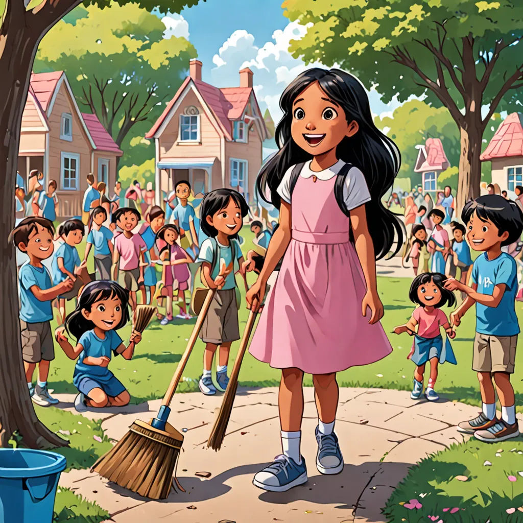 a cartoon of a girl sweeping the yard with her broom and children watching her in the background and a tree, magical realism, a storybook illustration, disney, promotional image